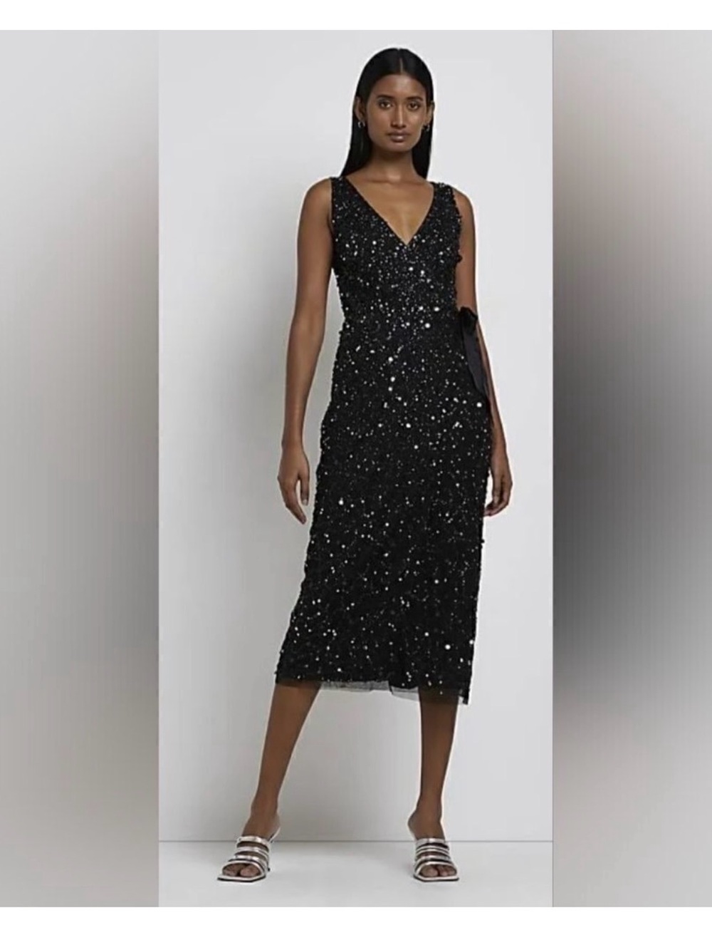 River Island Black Sequin V-Neck Sleeveless Midi Dress